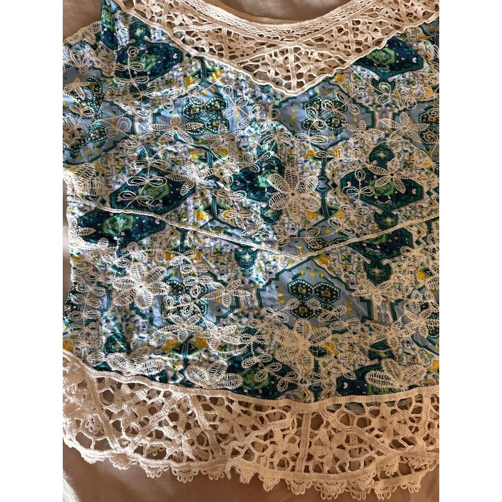 Bohemian Crochet Lace Trim Floral Top Embroidered V-Neck 3/4 Sleeve Blouse - Picture 3 of 8